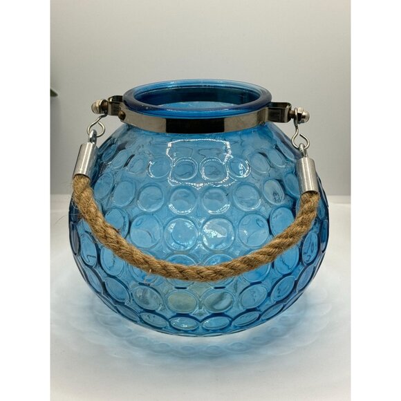 Blue Bubble Glass Hanging Candle Holder With Metal & Rope Handle - Picture 1 of 14
